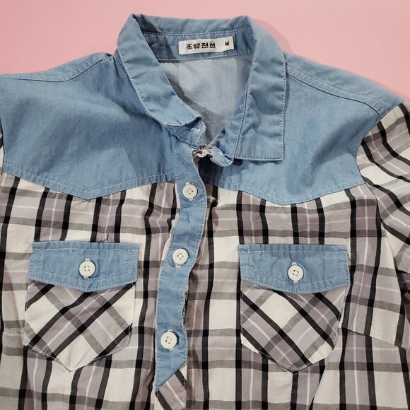 🤠 Black White Plaid Blue Denim Button Up Short Sleeve Shirt 🤠 - Picture 3 of 5